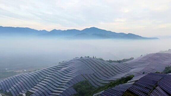 晨雾中太阳能发电厂的鸟瞰图