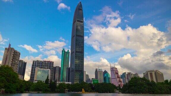 蓝天晴朗的一天深圳城市公园湖泊全景4k时间间隔中国