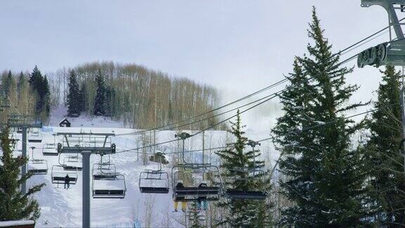 冬天滑雪者在科罗拉多山滑雪胜地乘坐滑雪缆车