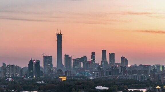 TD鸟瞰图北京CBD区域白天到夜晚过渡北京中国