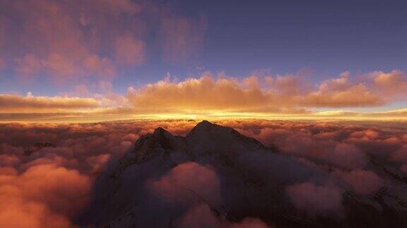 日落时分在尼泊尔珠穆朗玛峰的云层上飞行在喜马拉雅山脉