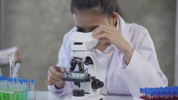 女科学家在实验室看科学、显微镜、医学检验和研究生物化学女性技术人员实验室分析科学药学遗传学研究化学医学检验实验室