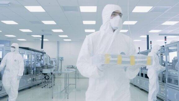 身着防护服的科学家带着装着成品的箱子通过实验室设备与现代工业机械产品制造工艺:制