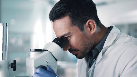 科学研究和显微镜由人类科学家在实验室为制药分析或创新医疗保健、分析和在实验室进行数据、样本或细菌检查的男性科学专家