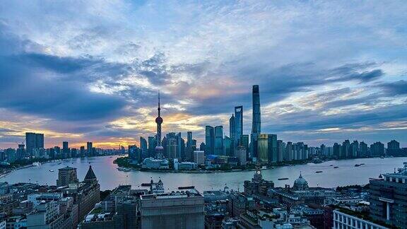 4K:上海全景在黎明到日出的时间流逝中国