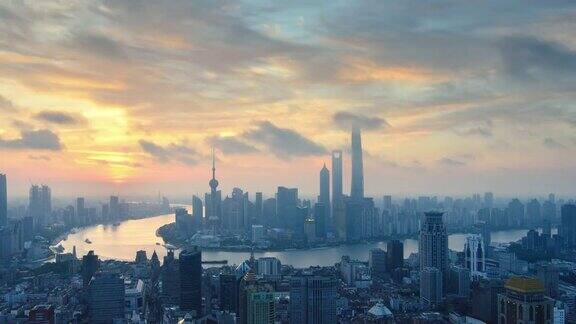 上海鸟瞰图从黎明到白昼时间流逝