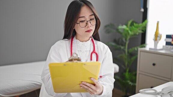 年轻的中国女医生在诊所写医疗报告