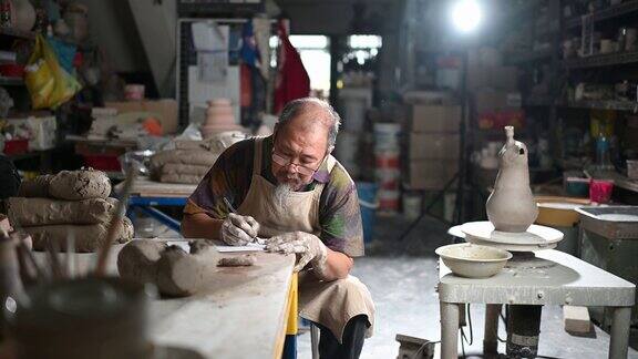 亚洲华人高级陶土艺术家在他的工作室为他的艺术工艺绘制设计