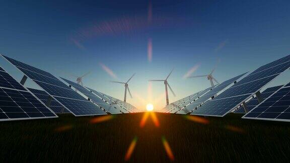 日落时旋转的风车和太阳能电池板