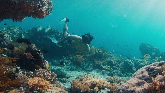 男性的保持者亚洲男性自由潜水员在水下游泳探索印度尼西亚巴厘岛附近的健康珊瑚礁