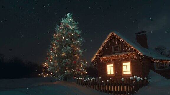 圣诞节完美的冬季童话景观圣诞老人的木屋被白雪覆盖旁边是一棵用玩具和花环装饰的巨大的神奇冷杉树