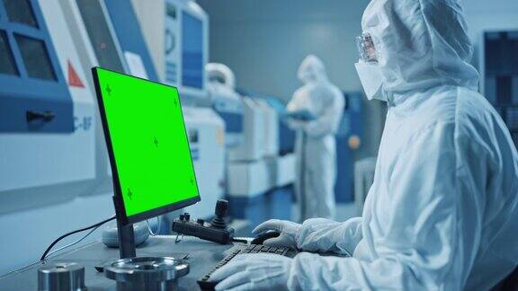 工厂洁净室:工程师穿着工作服和口罩在电脑上进行系统控制绿屏色度键显示背景:现代数控机械专业使用电子设备