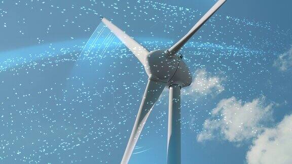 风力涡轮机旋转的静态镜头为城市产生清洁电力可持续能源风车发电视觉特效图形动画可视化气流移动叶片
