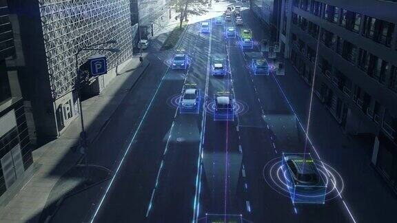 无人机拍摄:在城市中移动的自动驾驶汽车概念:人工智能扫描周围环境检测汽车行人避免交通堵塞和安全驾驶