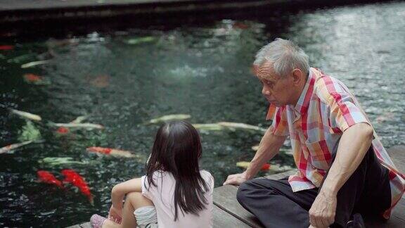 亚洲爷爷和孙女在公园里聊天