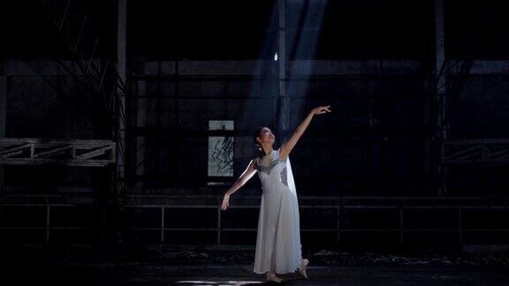 年轻美丽的芭蕾舞女演员在黑暗中与烟背光跳舞