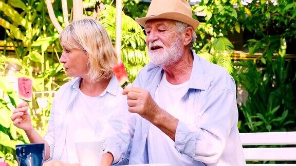 两对老年夫妇在户外聚会上吃西瓜棒