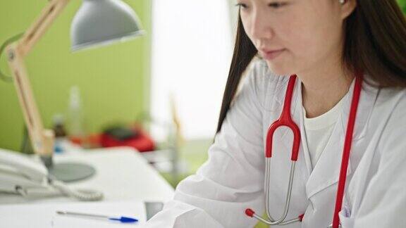 年轻的中国女医生在诊所使用笔记本电脑工作