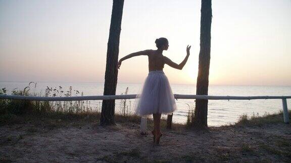 后视图宽镜头苗条的天才芭蕾舞者踮起脚尖在早晨的阳光慢动作年轻的白人优雅的女子表演舞蹈在河岸上的日出4k影院ProRes总部