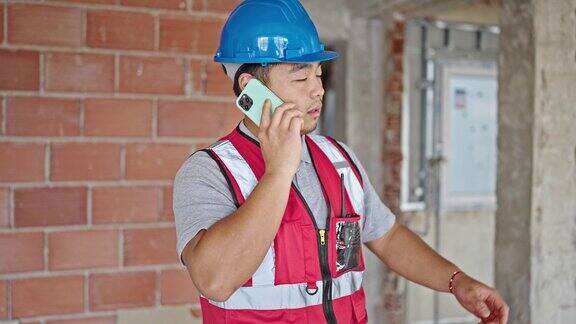建筑工人在工地用智能手机聊天