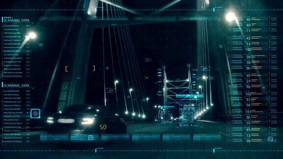 4K动画HUD平视显示界面上的高速公路鸟瞰图未来的网络技术概念