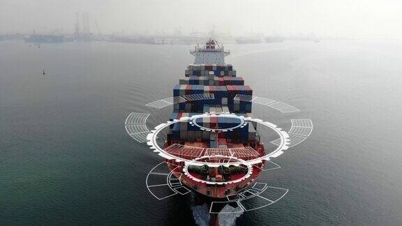 在科技货轮前架空采用智能环线技术和WIFI技术装载集装箱的大型货轮为出口货物从货场港口到海关运行
