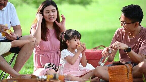 亚洲华人多代家庭享受野餐的时间在公共公园在周末一起