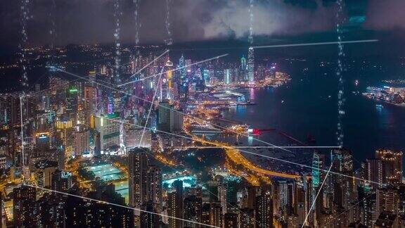 4k分辨率香港鸟瞰图数据网络连接技术概念智慧城市概念、通信网络、物联网概念