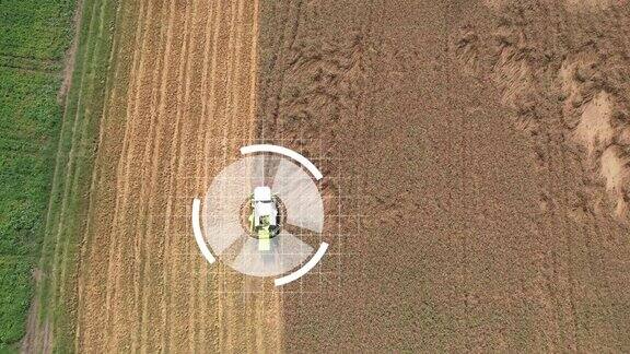 自动驾驶的收割机骑在麦田上收割庄稼