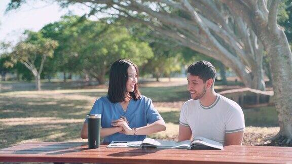 一对多元朋友亚洲和拉丁大学生一起在公园读书和学习