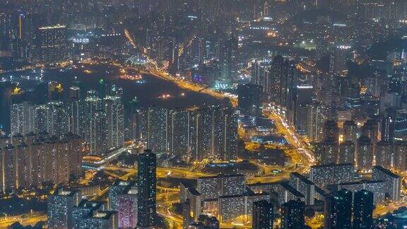 4k时间推移:香港城市夜景灯光和交通在一个繁忙的城市