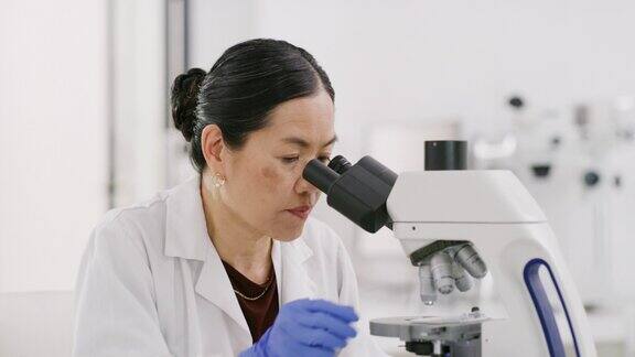 研究科学和显微镜与妇女在实验室的医疗保健或制药创新细菌疫苗和药物分析与亚洲专家的全球生物技术或病毒