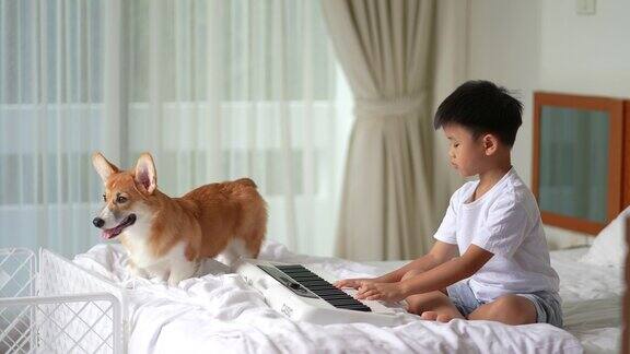 小男孩在床上和他的狗练习电子琴