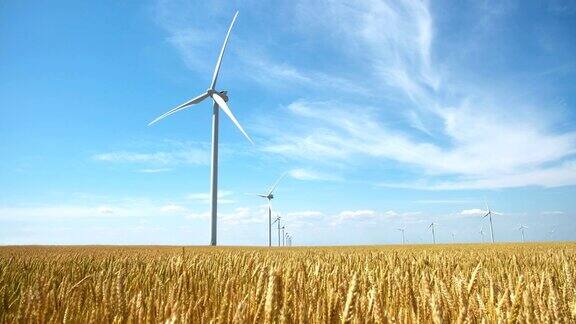 一组组的风车在黄土地上为发电生产小麦