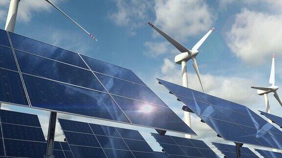 绿色能源农场的太阳能电池板和旋转风力涡轮机