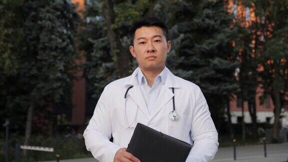 在区外医院的背景上中国医生转头看着镜头微笑的肖像户外自信的专业医生脸穿着医疗服的男性治疗师