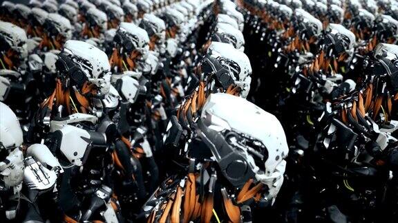 镜头从一艘宇宙飞船上的机器人士兵小队上空飞过超级现实电影科幻动画