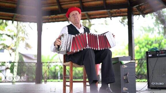 巴西圣卡塔琳娜的布鲁梅瑙一位德国老人在拉手风琴