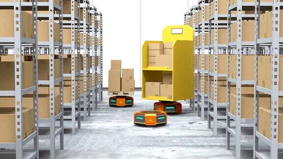 现代仓库中橙色的机器人搬运工在搬运货物