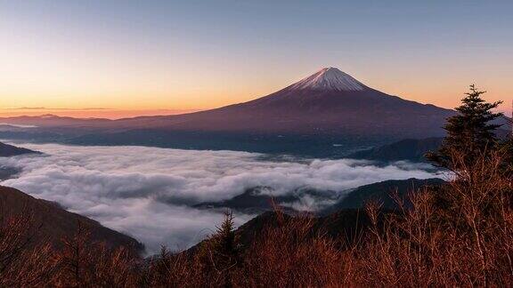 延时:富士山日出与川口湖鸟瞰图