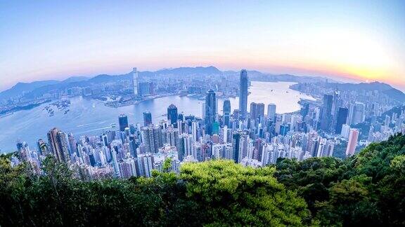 从维多利亚山顶拍摄的4KT\L清晨香港城市日出
