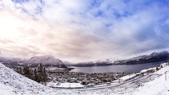时间流逝:冬季景观雪山挪威罗浮敦群岛