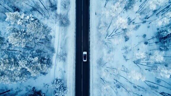 一辆汽车缓慢地行驶在积雪的松树之间的乡间小路上4k