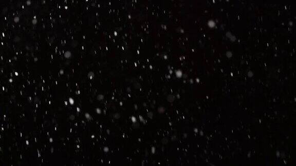 美丽的真实落雪孤立在黑色背景在4K慢动作在50毫米镜头拍摄无分级的镜头合成运动图形大的和小的雪雪花孤立的雪花
