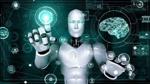AI类人机器人触摸显示AI大脑概念的虚拟全息图屏幕