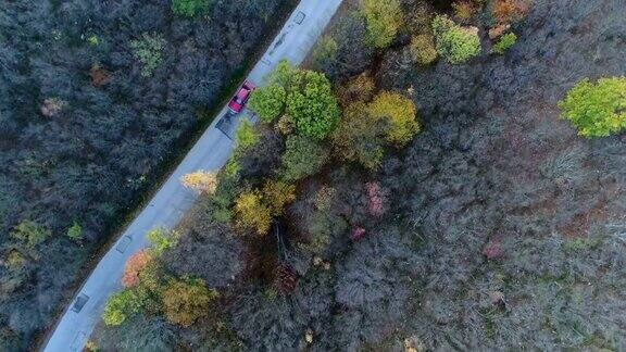 空中拍摄一辆红色汽车在彩色森林的道路上