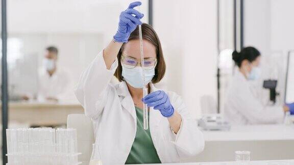 医疗保健、化学和科学家在实验室进行新冠病毒的创新、分析和未来医学研究科学、医疗和工作人员在分析过程中佩戴口罩以避免化学物质的危害