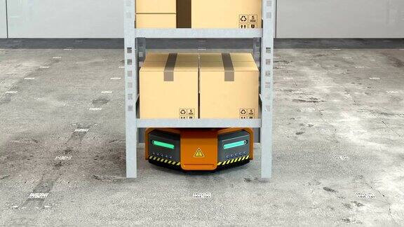 现代仓库中橙色的机器人搬运货物托盘