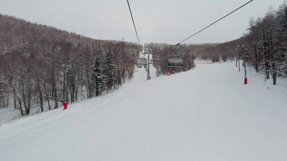 在被雪覆盖的松树之间的山坡上乘坐滑雪缆车观点寒假