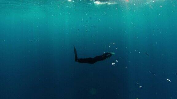 在海里自由潜水男性自由潜水者喜欢在深蓝色的海水中游泳和滑翔